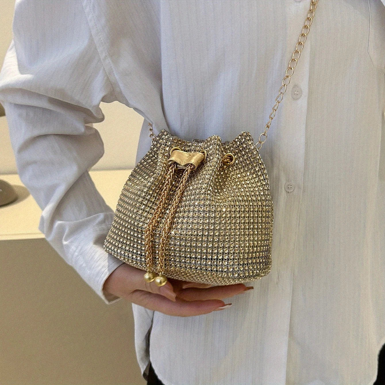 Sparkling Rhinestone Embellished Drawstring Crossbody Bag, Multi-Functional Bucket Purse, Formal Handbag for Women Daily Commute