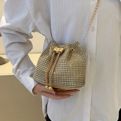 Sparkling Rhinestone Embellished Drawstring Crossbody Bag, Multi-Functional Bucket Purse, Formal Handbag for Women Daily Commute