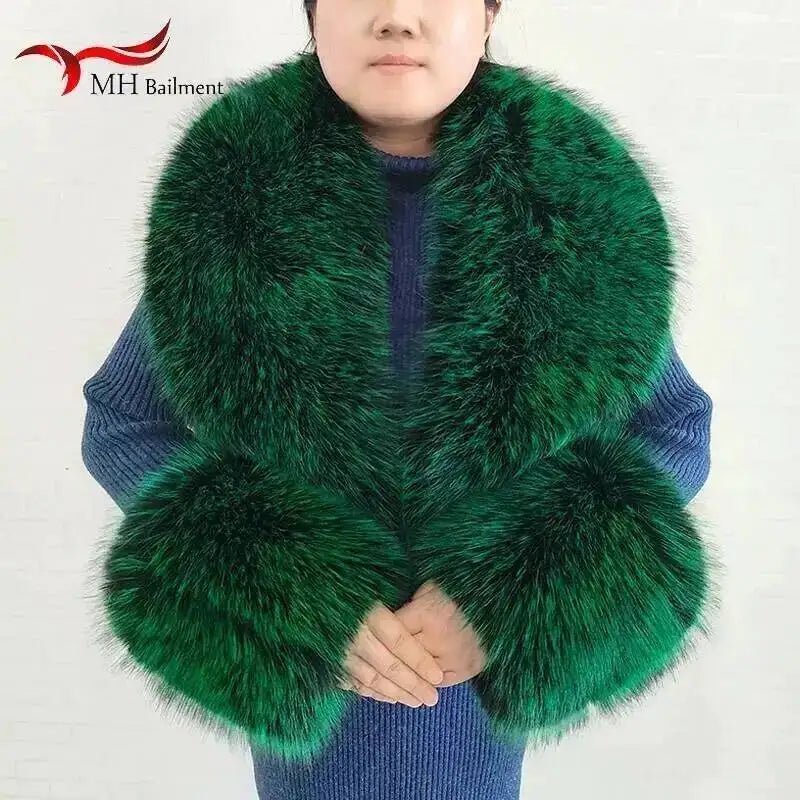 Large Women Faux Fox Fur Scarf Winter Jackets Warm Fluffy Shawl Fashion Artificial Fur Collar And Cuff Set Fluffy Scarves Female