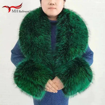 Large Women Faux Fox Fur Scarf Winter Jackets Warm Fluffy Shawl Fashion Artificial Fur Collar And Cuff Set Fluffy Scarves Female