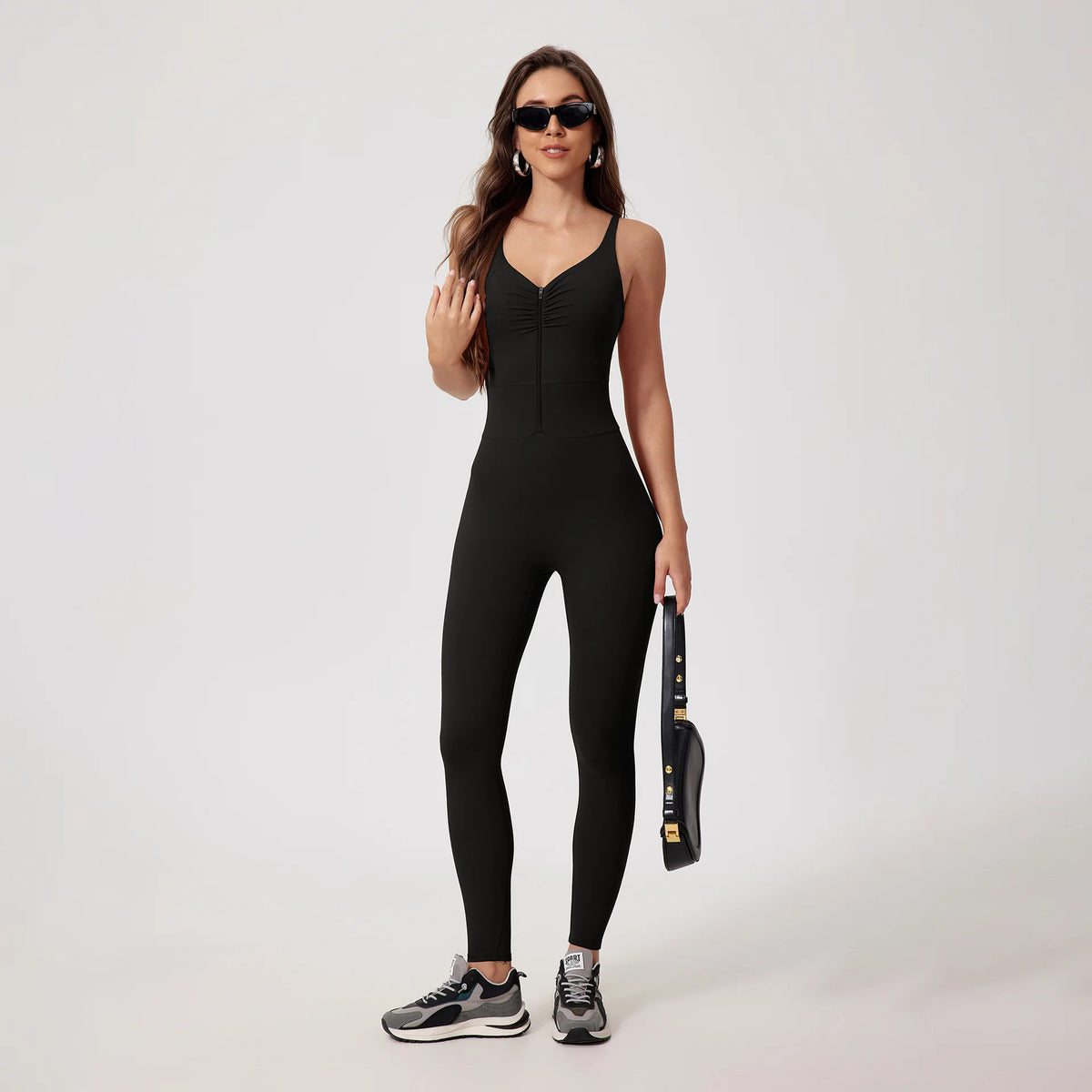 Fashion Folds Zipper Sport Bodycon Jumpsuits Women One Pieces Yoga Outfit Sleeveless Backless Gym Fitness Overalls Sexy Monkeys