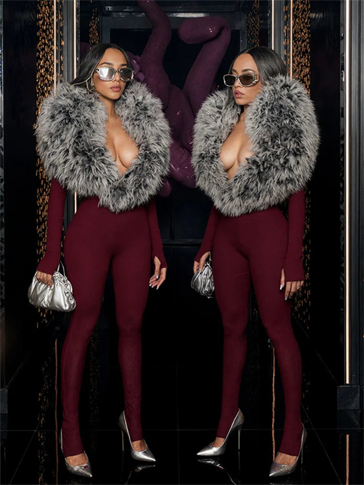 Weird Puss Furry Deep V-Neck Jumpsuits Woman Hipster Patchwork Trend Sexy Stretch Fitness Club Activity Luxury Midnight Overalls