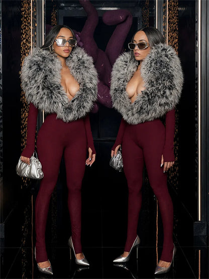 Weird Puss Furry Deep V-Neck Jumpsuits Woman Hipster Patchwork Trend Sexy Stretch Fitness Club Activity Luxury Midnight Overalls