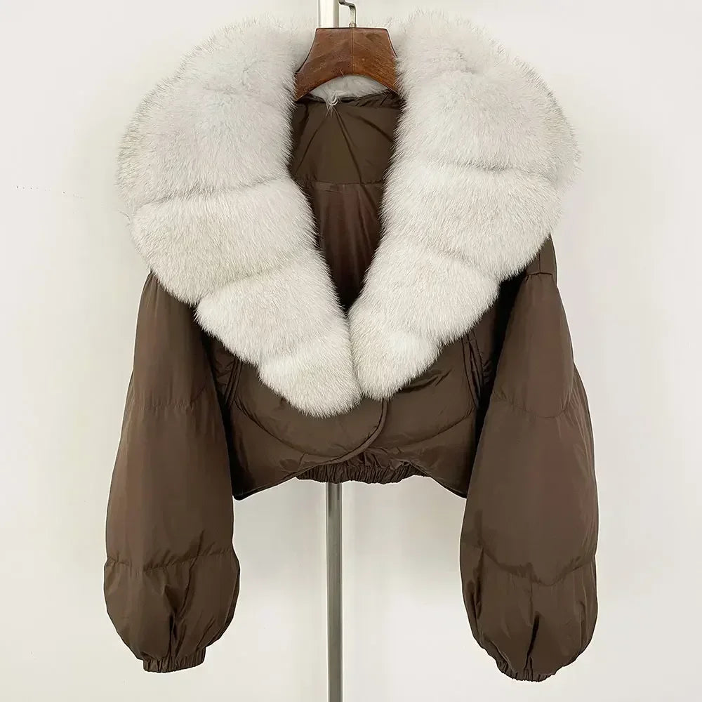 Winter Female White Duck Down Jacket Luxury Loose Short Fashion Casual Women Warm Real Fox Fur Coat Long Sleeve Puffer Jacket