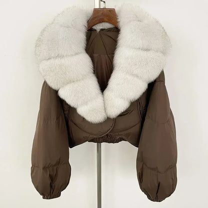 Winter Female White Duck Down Jacket Luxury Loose Short Fashion Casual Women Warm Real Fox Fur Coat Long Sleeve Puffer Jacket