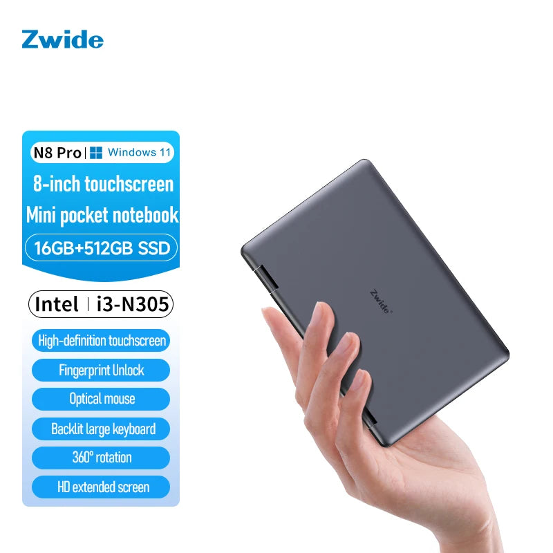 Zwide pocket book N8 Pro Intel i3-N305 touch screen 8 inch IPS 1920x1200 pixels FHD 16GB LPDDR5 mini notebook 360° flip yoga