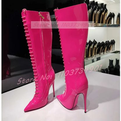 Pink Sole Zipper Knee Length Boots Women Sexy Nightclub Lace Up Pointy Toe High Heels Boots Lady Party Nifty Punk Fashion Shoes