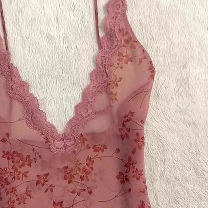 Summer Woman Floral Halter Lace Blouse Vintage Sexy Slim Fairy Korean Fashion Female Tops Outfits Elegant Style Camisole Vest