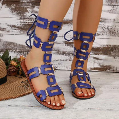 2026 Summer Luxury Round Toe PU Women's Sandals Fashionable Flat Casual Beach Shoes Stylish Metallic Decoration Women's Sandals