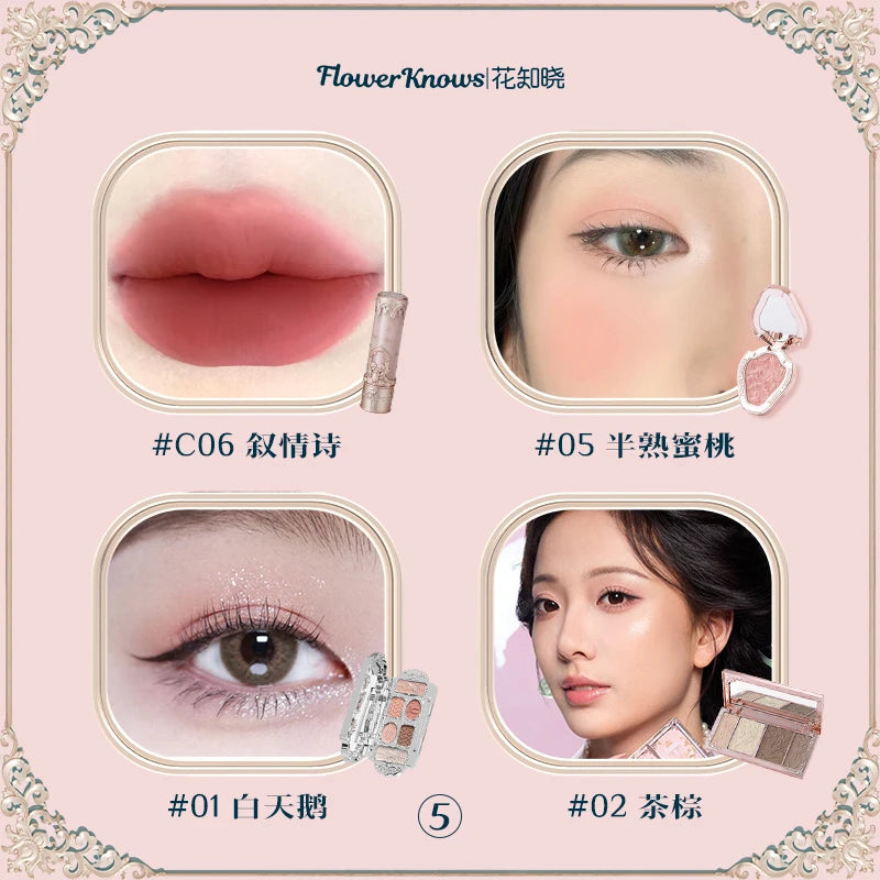Flower Knowledge Swan Ballet Eyeshadow Lip Glaze Angel Lipstick Midsummer Night Blush Grooming Plate Set