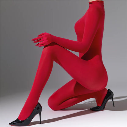 Plus Size Sexy Women 120D Five Finger Glove Sleeve Bodysuit Seamless Tight Warm High Elastic Shaping Cosplay Unisex Fit Jumpsuit