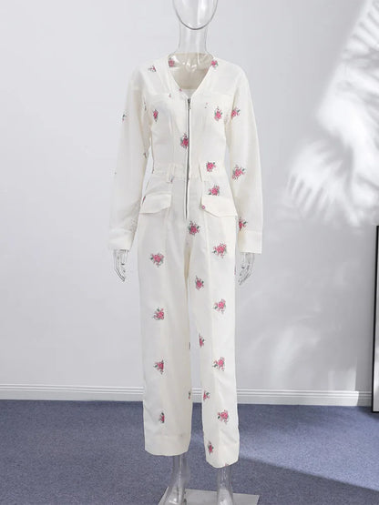 2026 Autumn Elegant Print Women's Jumpsuits Fashion Long Sleeve V-neck Zippers Female Overalls All-match Lady Romper New