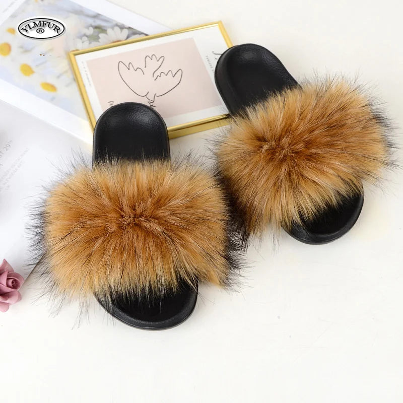 Women's Summer Faux Fur Fox Fur Slippers Fashion Luxury Indoor and Outdoor Non-Slip Solid Color Flat Bottom Furry Sandals