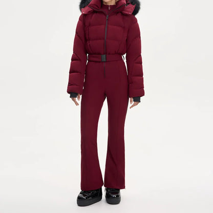 Thicken One-piece Ski Suit Women Faux Fur Hooded Tassels Coat High Waist Belt Jumpsuit 2025 Winter Windproof Waterproof Skiwears