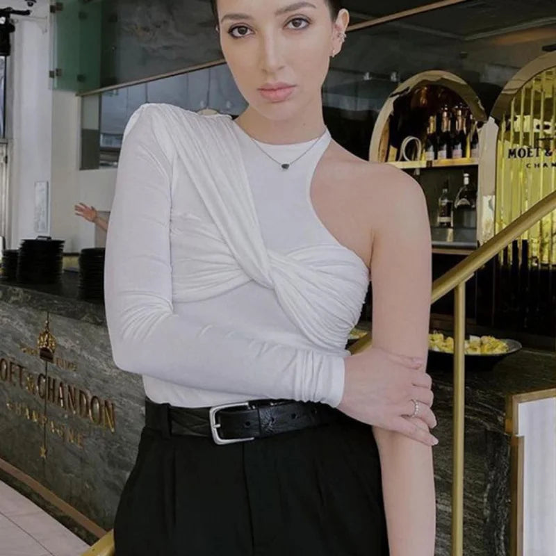 2025 Slim Club Party Bodysuits High Waist Irregular Bodysuit Sexy Backless Twist Streetwear One Shoulder Long Sleeve Tops 19493