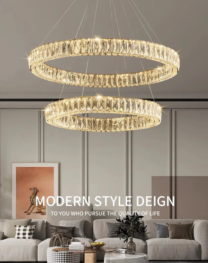 Modern LED Luxury Crystal Chandelier Villa Staircase Living Room Dimming Circular Gold Chandelier Home Lighting Indoor Light