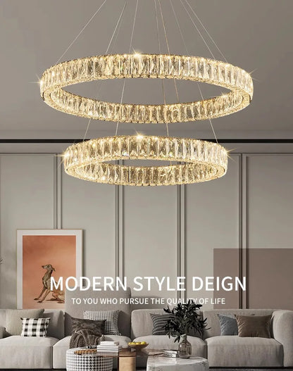 Modern LED Luxury Crystal Chandelier Villa Staircase Living Room Dimming Circular Gold Chandelier Home Lighting Indoor Light