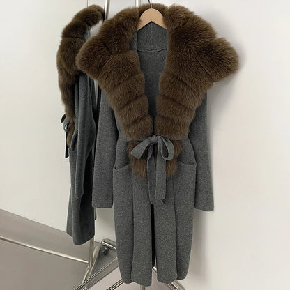 OFTBUY Fashion Warm Belt Real Fox Fur Cardigan New Natural Fur Collar Long Knit Jacket Women Atrumn Winter Top Clothing Female