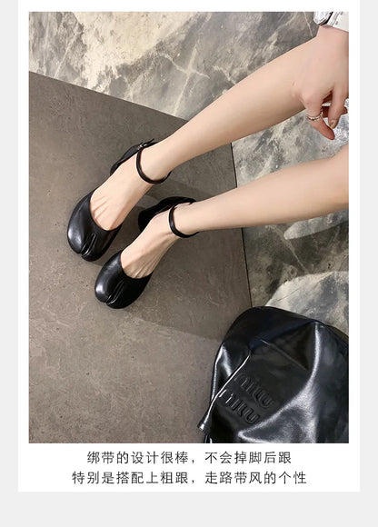 Modern Heels Pumps Women Round High Heel Leather Square Split Toe Pumps Shoes Spring Summer Sandals Mary Janes Shoes Heels Women