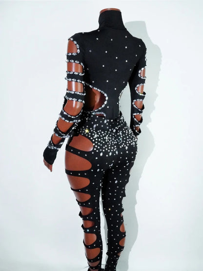 Drag Queen Outfit Sparkly Black Hollow Sexy 2 Piece Crystal Women Evening Prom Celebrate Birthday NightClub Performance Costume