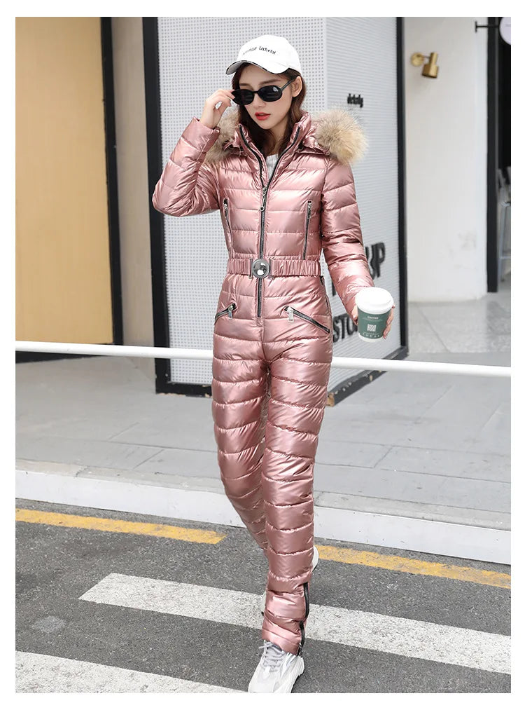 Jumpsuits One Piece Ski Suit Winter Thicken Snow Place Down Cotton Women Suits Warm Hooded Waist Slim Shiny Outdoor Sports