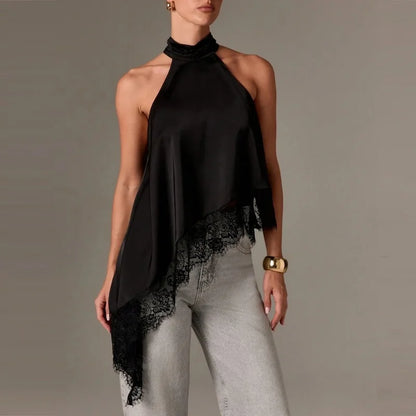Women Y2k Mock Neck Halter Top Satin Lace Asymmetrical Hem Tank Tops Sleeveless Elegant Going Out Crop Tops
