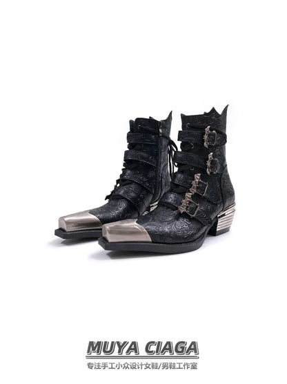 Retro Metal Head Western Cowboy Short Boots Spring 2026 New Pointed Chelsea Height-Increasing Men's Women's Footwear