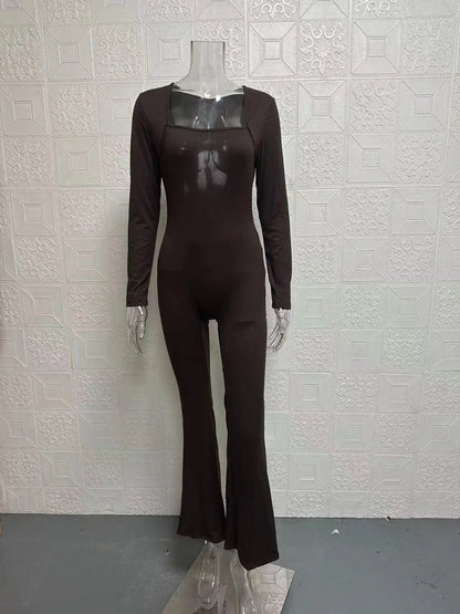 Foreign Trade Women's Long Sleeved Waist Cinching and Waist Lifting Square Collar Wide Leg High Elastic Jumpsuit