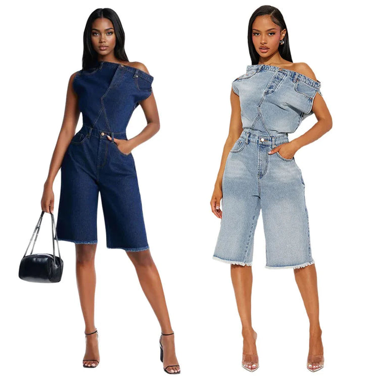Jumpsuits Women Denim One Piece Short Sleeve Overalls Knee Length Pants Tight Waist Rompers Y2k Streetwear Slash Neck 2026