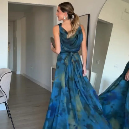 Women's Elegant Blue Watercolor Print Maxi Dress Sleeveless Cowl Neck Satin Formal Evening Gown A-line Floor Length Party Dress