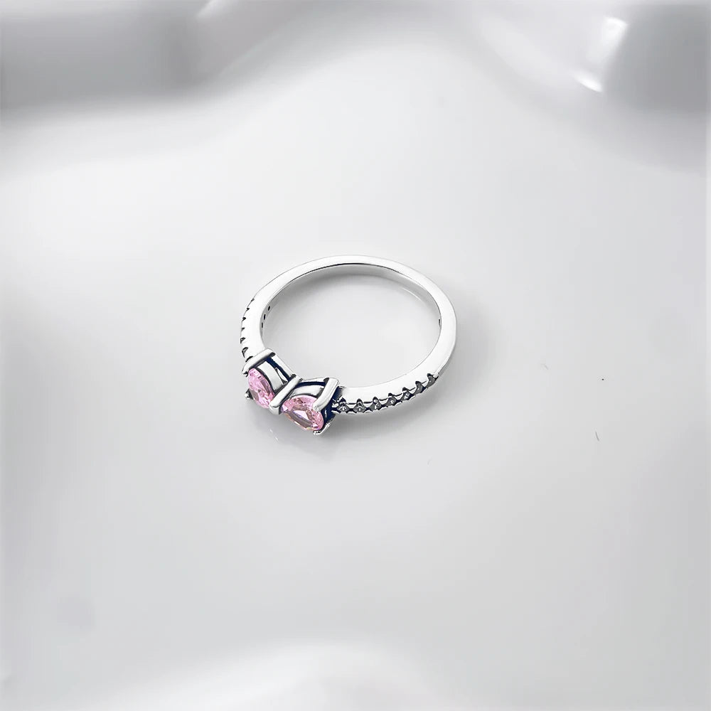 Silver Plated Pink Heart Bow Ring With CZ Accents Perfect Romantic Gift For Women Fashion Jewelry