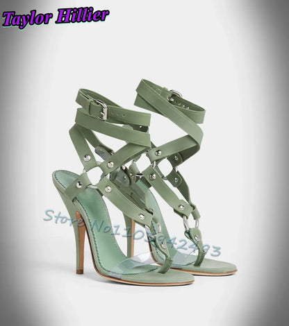Gladiator Heels Cross Strap Heeled Sandals Rivets Women Deisgner Luxury Shoes Summer Sandalias De Mujer Solid Green Brown Zapato