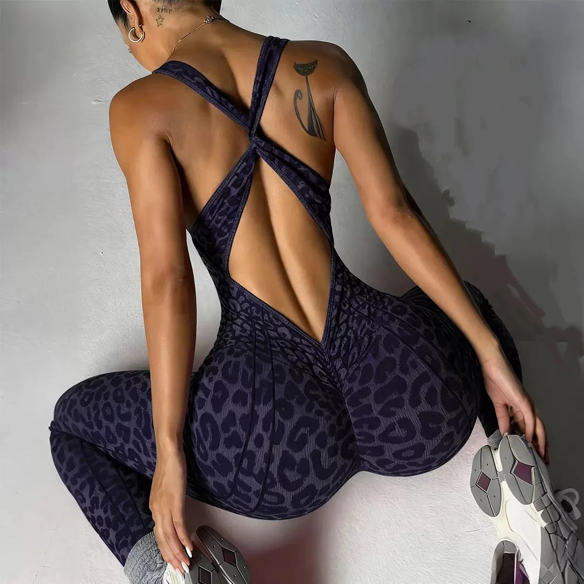 Women Sports Leopard Jumpsuits Tracksuits Yoga Pants Bodysuits Workout Fitness Gym Training Backless Tights Suits Sportswear