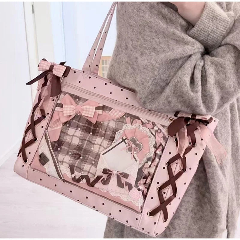 Sweet College Style Ribbon Ita Bag Women Fashion Shoulder Bags Large Capacity Tote Bag For Daily Commuting Transparent Handbag