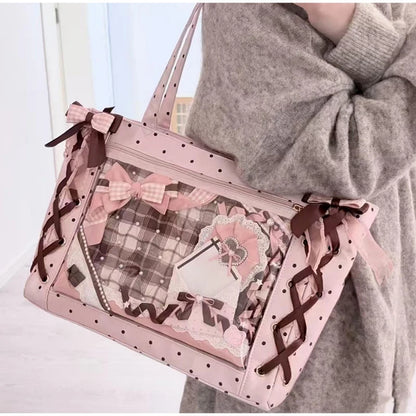 Sweet College Style Ribbon Ita Bag Women Fashion Shoulder Bags Large Capacity Tote Bag For Daily Commuting Transparent Handbag