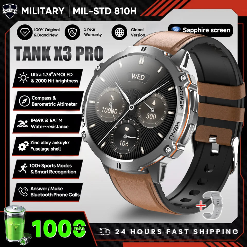 2026 New Military TANK X3 1000mAh Battery Smart Watch Men 10ATM Waterproof Swim GPS Path 1.75" AMOLED HD Call Sports Smartwatch