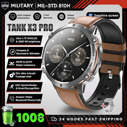 2026 New Military TANK X3 1000mAh Battery Smart Watch Men 10ATM Waterproof Swim GPS Path 1.75" AMOLED HD Call Sports Smartwatch