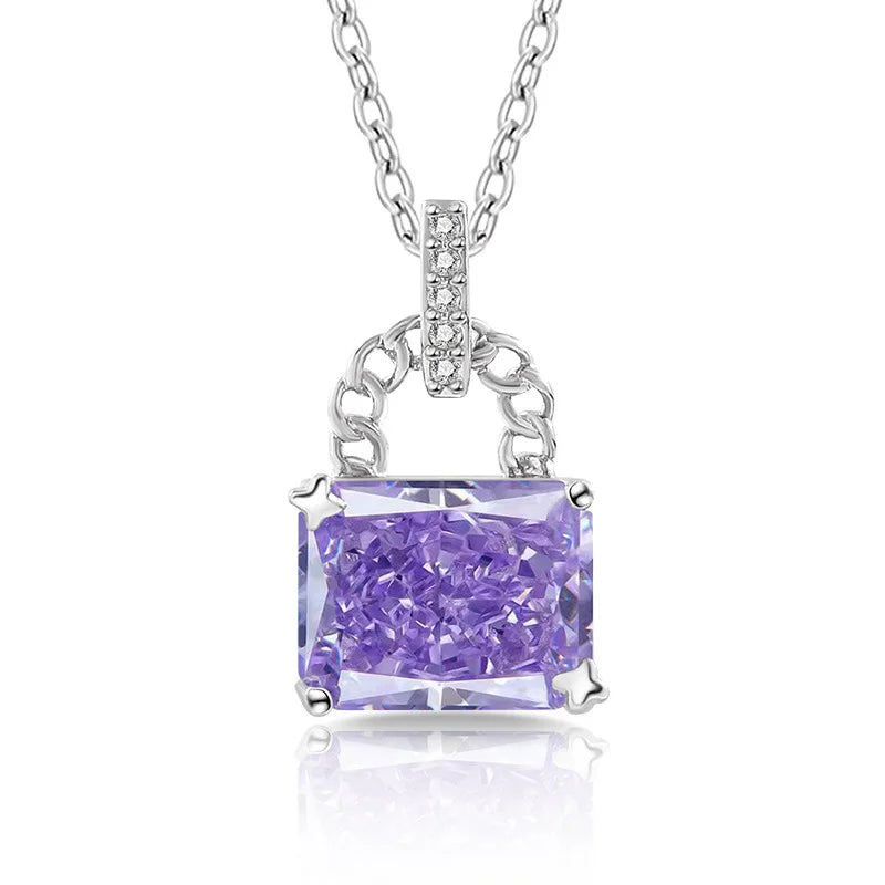 925 Sterling Silver Elegant Fashion High Carbon Diamond Ice Flower Cut Small Lock Pendant Necklace Daily Versatile