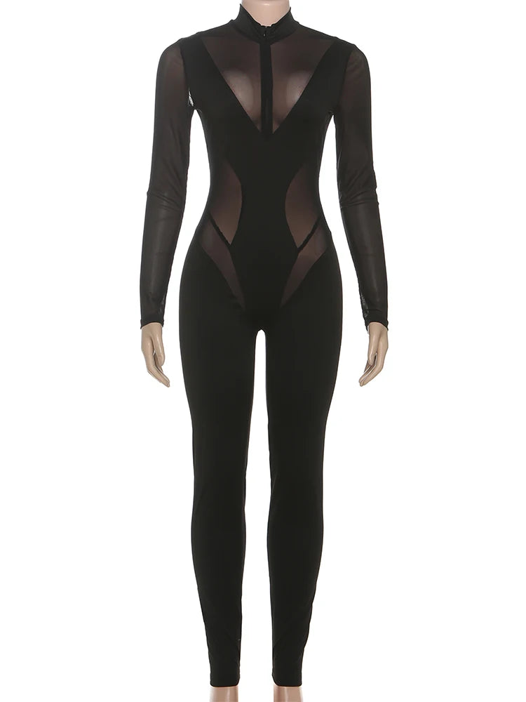 Kliou Sexy Fashion Jumpsuits Woman Mesh Patchwork Zip Turtleneck Full Sleeve Skinny Stretch Midnight Club Party Hipster Overalls