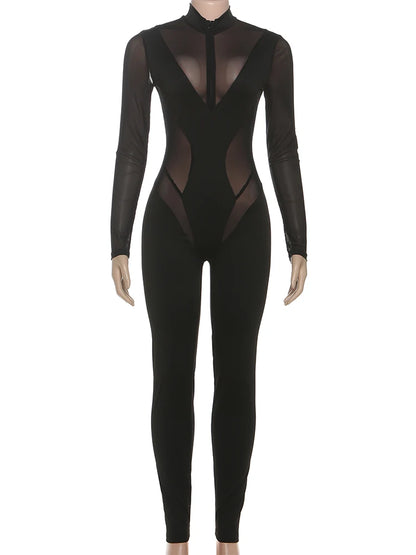Kliou Sexy Fashion Jumpsuits Woman Mesh Patchwork Zip Turtleneck Full Sleeve Skinny Stretch Midnight Club Party Hipster Overalls
