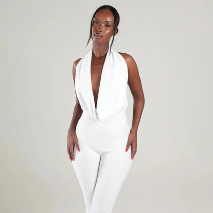 Summer Fashion New Women Sexy Jumpsuit Plunge Halterneck Backless Lace-up Solid Color Ruched One Piece Romper Capri Jumpsuits