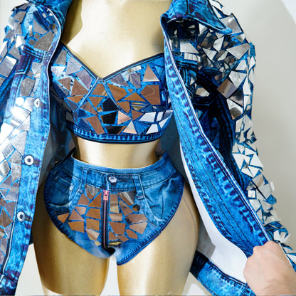 Blue Cowboy Mirror Jacket Women Shiny Stage Performance Costume Party Dance Nightclub Rave Singer DJ Hip Hop Dance Outfit
