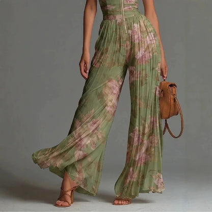 Women Elegant Chiffon Sleeveless Jumpsuit High Waist Pleated Flowy Wide Leg One Piece Overalls Holiday Casual Streetwear Rompers