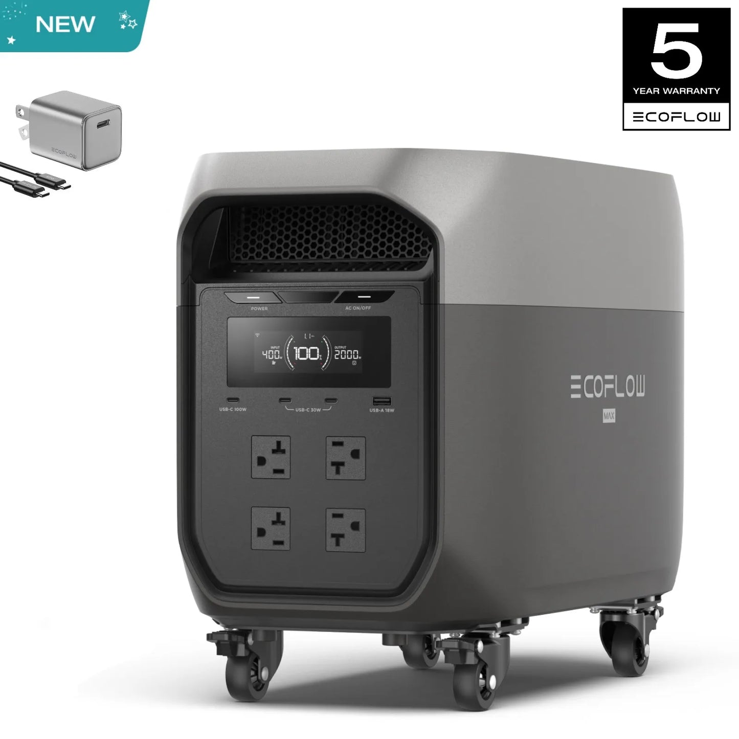 ECOFLOW Portable Power Station DELTA 3 MAX with Detachable Wheels, 3400W X-Boost Output, Ultra-Fast 0-80% Charging in 1.13 Hr, H