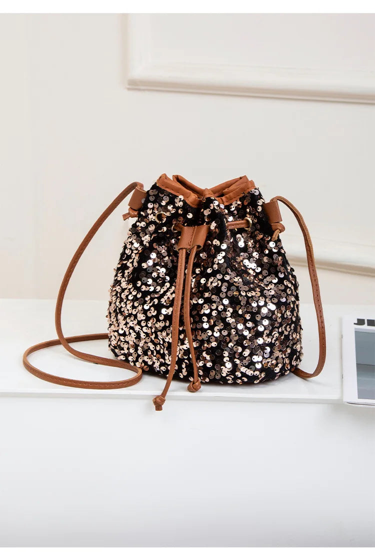 New Chic Multicolor Sequin Shing Shoulder Bag Fashion Versatile Handbag Drawstring Bucket Bag Large Capacity Wallet Purse Bags