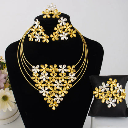Fashion Silver Gold Color Hollow Shape Necklace Earrings Bracelet Ring Set for Women Exaggerated Design Jewelry Gift for Party