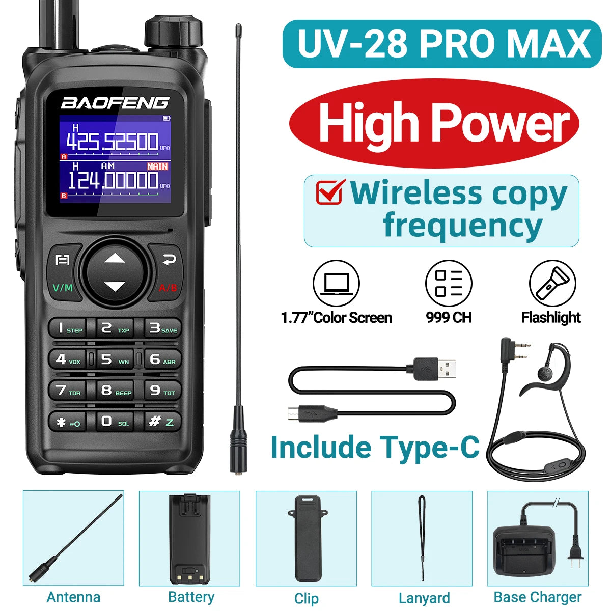 BAOFENG UV-28 PRO MAX Walkie Talkie 10W Multi-Band Wireless Copy Frequency 999CH DTMF Type-C AM FM NOAA Long Range Two Way Radio