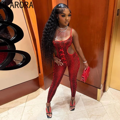 FLARORA Sexy Serpentine Print Jumpsuits Woman Hipster Sling Hollow Backless Skinny Jumpsuit Hottie Party Club Street Overalls