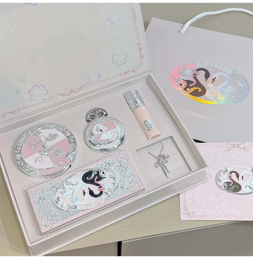 NICEKEY Face Makeup Sets Include 1*Lip mud,1*Pressed Powder,1*Highlight Powder,1*Eyeshadow Palette Powder With Necklace Gift