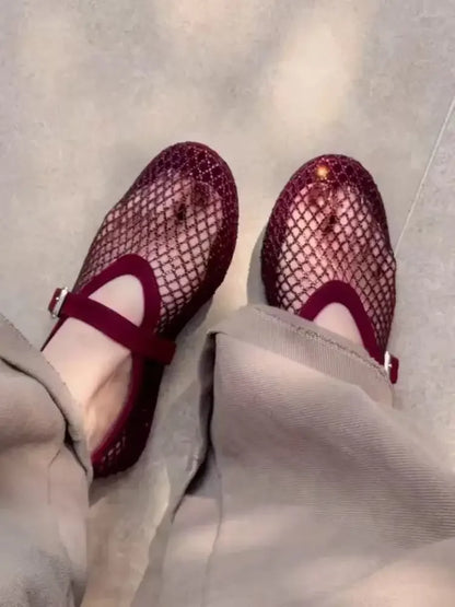 2026 New Model~ Fishnet Rhinestone Ballet Flat Mary Jane Women's Shoes with Hollowed-Out Strap
